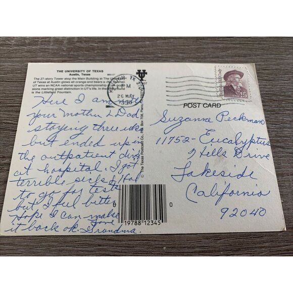 Postcard The University Of Texas At Austin 1990 Postmarked Post Card UT TX - Picture 2 of 2